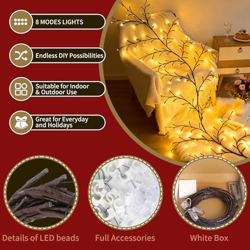 Enchanted Willow Vine Lights for Wall: 6FT 180 LED Twinkling Tree Branch Light with USB Battery Box, Remote Timer, 8 Light Model, Wall Decor String Lighted Garland for Christmas Decorations, Bedroom - color: White/180LED/6FT