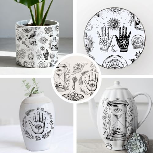 SUPERDANT 4PCS Divination Underglaze Paper Transfer Skull Witchcraft Transfer Paper for Clay Ceramic Porcelain Under Glaze Transfers for Pottery Enamel Decals Black Underglaze Decal Papers - style: Divinatory Elements