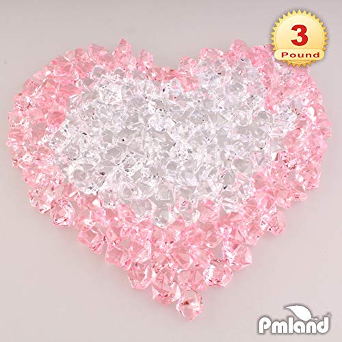 PMLAND Clear Fake Ice Rocks – 550 Pcs Large Mixed Pink Acrylic Gems Crushed Plastic Diamonds, 3 Lbs / 2.25 Quarts Bulk Vase Filler for Centerpieces Wedding Theme Décor Aquarium Table Scatter - color: Pink/Clear