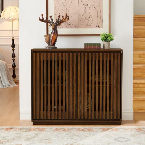 LKTART Narrow Buffet Cabinet Sideboard with Storage, Mid Century Modern Small Accent Credenza Cabinet with Doors & Shelves, Wood Coffee Bar TV Media Console Table for Kitchen,Entryway-Walnu - color: B- Walnut, size: 1 Piece