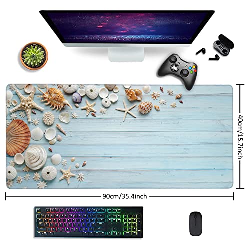 Shells on Blue Wood Large Mouse Pad Extended Gaming Mouse Pad Waterproof Desk Mat with Stitched Edge,Non Slip Base Keyboard Mouse pad for Home Office 35.4" X 15.7" - color: Shells on Blue Wood