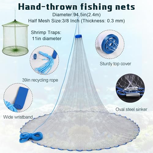 3 Pcs Fishing Bucket, Live Bait Aerator and Fishing Cast Net with Heavy Duty Sinker Foldable Live Bait Bucket Portable Quiet Aerator Fish Transport Container Outdoor EVA Bag - color: Blue