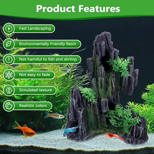 Large Rockery Aquarium Decoration Resin - Mountain View Stone Fish Tank Ornament with Small Caves-Approx. 9.7" L x 5.9" W x 11.8" H(Rockery) - color: Rockery