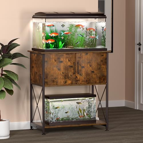 Herture 20-29 Gallon Aquarium Stand Metal Frame Fish Tank Stand with Cabinet Storage, for 20 Gallon Long Aquarium,30.7" L*16.5" W Tabletop,330LBS Capacity Rustic Brown and Black PG01YGN - color: Rustic Brown, size: 20-29 Gallon