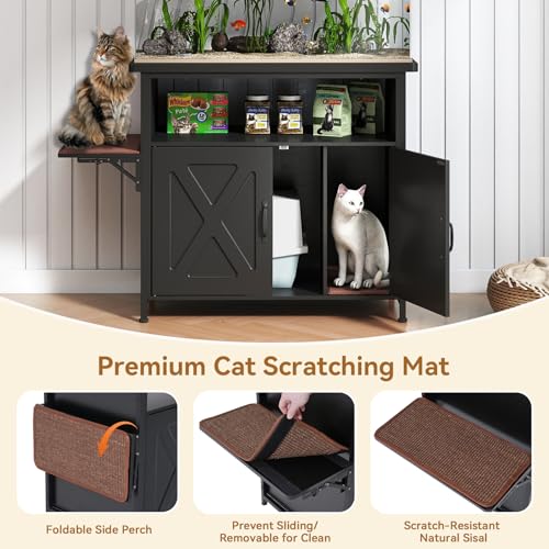 Verano Garden 40-50 Gallon Fish Tank Stand with Hidden Cat Litter Box Enclosure Furniture, Cat Viewing Aquarium Stand with Storage Shelf & Side Cat Perch, 36.2"x20.5" Tabletop, 660 LBS Capacity - color: Black