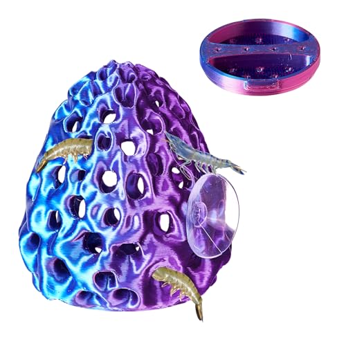 Shrimp Dome Hide, Shrimp Hides for Aquarium, Betta Fish Hideout with Suction Cup, Betta Habitat Tank Ornament Accessories, Aquarium Decor for Small Fish Guppy Hiding Resting (Lid Blue Red) - color: Blue Red Gradient With Lid