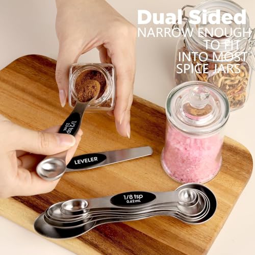 ChefAide Pack of 8 Stainless Steel Magnetic Measuring Spoons Set, Dual Sided, Stackable, Adjustable Teaspoon and Tablespoon Measure Spoon with Leveler, Kitchen Gadgets Set 5 - color: Black, size: Magnetic Measuring Spoons