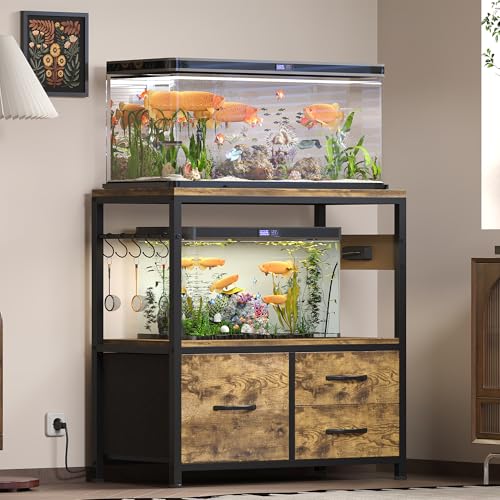 Heybly 20-29 Gallon Fish Tank Stand, Aquarium Stand with Drawer, Power Outlet, Heavy Duty Metal Frame, for Fish Tank, Turtle & Reptile Terrarium, 31.5" x 15.7" Top, 330lbs, Rustic Brown HAS001SR - color: Rustic Brown, size: 20-29 gal