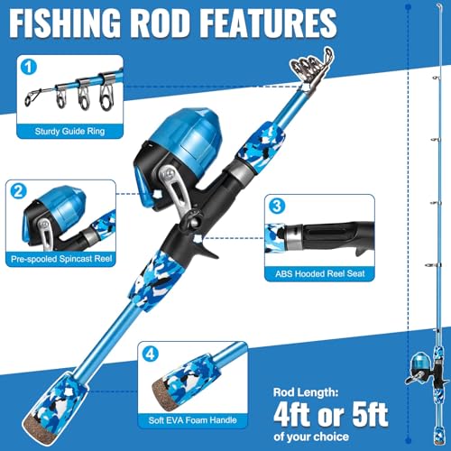 PLUSINNO Kids Fishing Pole with Spincast Reel Telescopic Fishing Rod Combo Full Kits for Boys, Girls, and Adults - color: Blue, size: 4FT / 1.2M