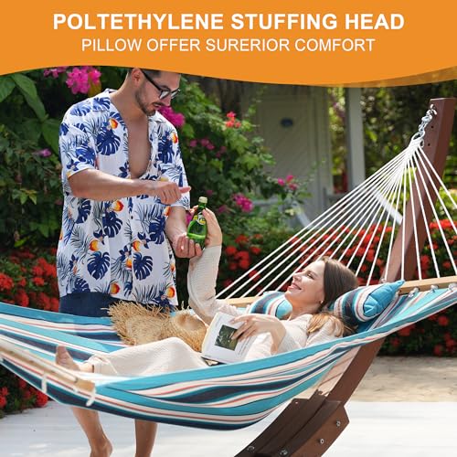 Lazy Daze Hammocks 12 FT Sunbrella Fabric Hammock Non-Fading with Spreader Bars and Free Pillow Fits for 2 Persons, All Weather and Fade Resistant for Patio Yard, 450 lbs Capacity, Token Surfside - color: Token Surfside