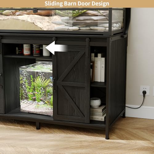 VOWNER Farmhouse Reptile Tank Stand with Power Outlet, 48" X 24" Tabletop Fits up 120 Gallon Bearded Dragon Tank, Heavy Duty Aquarium Stand with Storage Cabinet, Reptile Turtle Terrarium Stand Black - color: Black