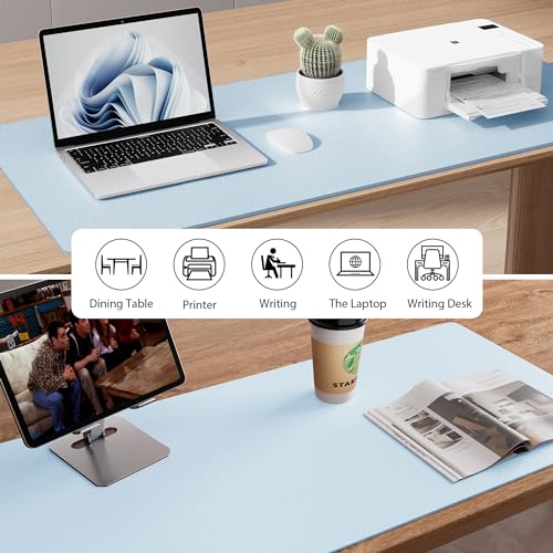 Aothia Leather Desk Pad Protector, Mouse Pad, Office Desk Mat, Non-Slip PU Leather Desk Blotter, Laptop Desk Pad, Waterproof Desk Writing Pad for Office and Home (23.6" x 13.7", Baby Blue) - color: Baby Blue, size: 23.6" x 13.7"