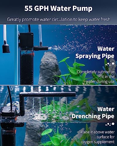 Pawfly Internal Aquarium Filter, Submersible Power Filter with 55 GPH Water Pump for 3 to 10 Gallon Fish Tanks Filtration Circulation and Oxygenation - size: 3-10 Gal