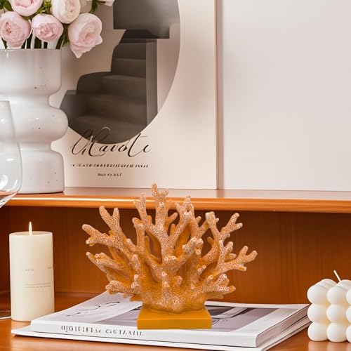 5.8" H Orange Coral Decor - Resin Coral Statue, Nautical Decor for Home, Bedroom, Bathroom, Living Room, Ocean Themed Cabinet Shelf Tabletop Decoration - color: Orange, size: 5.83"H