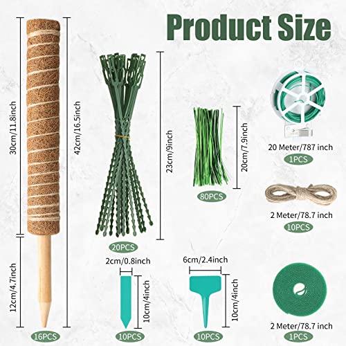 16 Pack Moss Pole for Plants Monstera 264 Inch Bendable Plant Pole Sticks Support Extension with Ropes Labels Tapes Tie Strap Locking Straps Green Twist Ties for Indoor Climbing Creepers