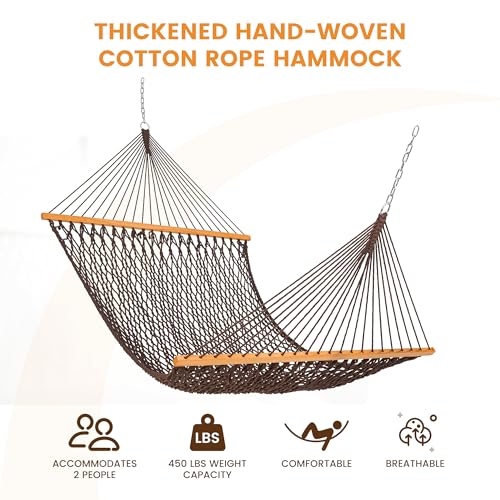 Lazy Daze Hammocks Double Rope Hammock, 2 Person Traditional Outdoor Hand Woven Cotton Rope Hammock with Spreader Bar, Carabiners, Tree Straps, Chains for Patio Yard - Max 450 Lbs, Dark Brown - color: Dark Brown
