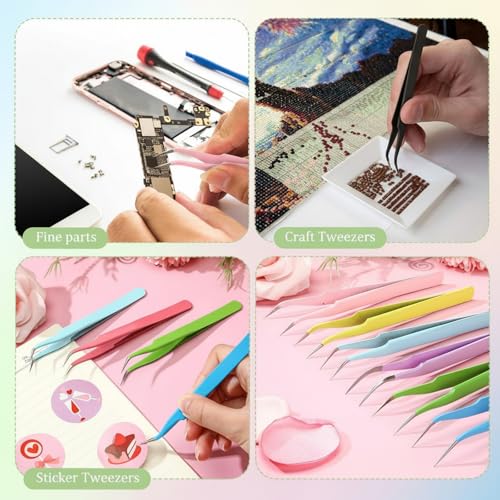 Honoson 9 Pieces Precision Curved Pointed Craft Tweezers Stainless Steel Tweezer with Protective Cover for Rhinestones Dried Flowers Craft Stickers Eyelash Extension Jewelry Making (Multicolor) - color: Multicolor