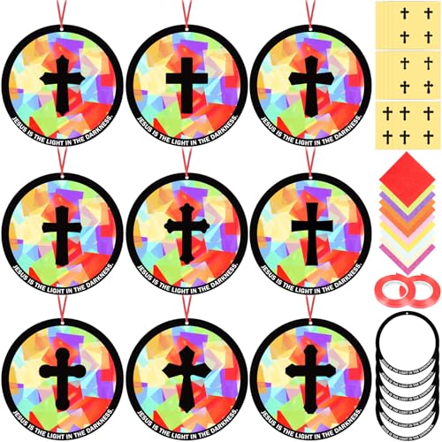 48PCS Sunday School VBS Crafts Bulk: Paper Cross Nativity Suncatchers, Jesus Religious Christian Activity DIY Kits Church Decorations, Window Stained Glass Effect Art Supplies(Round Shape) - style: round shape cross