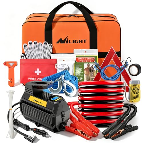 Nilight Car Emergency Kit with Jumper Cable, First Aid Kit Safety Assistance Tools for Travel Camping Outdoor Cars Truck SUV RV, Roadside Essentials with Flash Light - color: Essential Kit+Digital Air Compressor