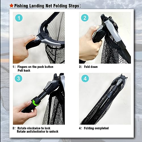 Fiblink Folding Aluminum Fishing Landing Net Fish Net with Extending Telescoping Pole Handle - style: Extend Length: 44-60 Inches (With Larger Net)