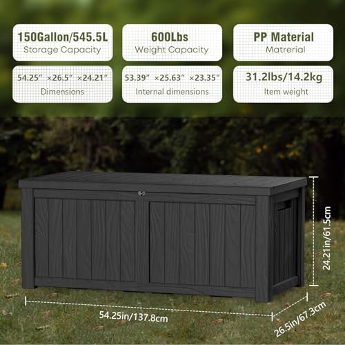 TARKARI 150 Gallon Resin Deck Box, Waterproof Outdoor Storage Box, Lockable for Patio Furniture, Garden Tools, Pool Accessories, UV-Resistant for All Weather Use, Black - color: Black, size: 150 GAL