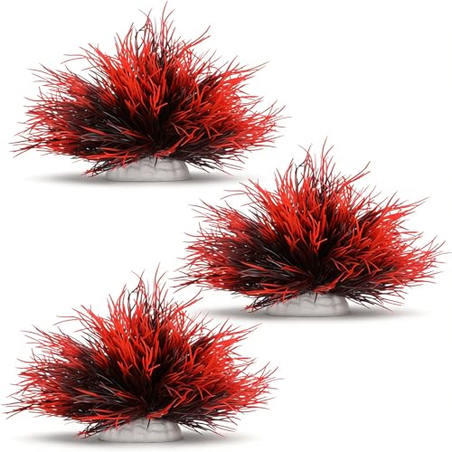 Telooco 3 Pack Aquarium Plants Plastic Realistic Fish Tank Plants with Weighted Base Small Aquarium Grass Fish Tank Decorations (Black Red) - color: Black Red