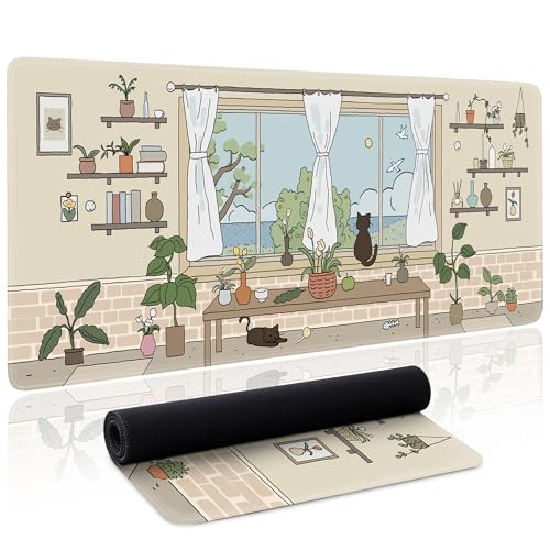 Kawaii Cat Mouse Pad Large Desk Mat Extended Keyboard Mouse Pad Cute Mousepad with Non-Slip Base and Stitched Edge Cat Mouse Mat Desk Pad 31.5 x 11.8 in Mouse Pads for Desk Decor Home Office Gaming - color: Kawaii Cat