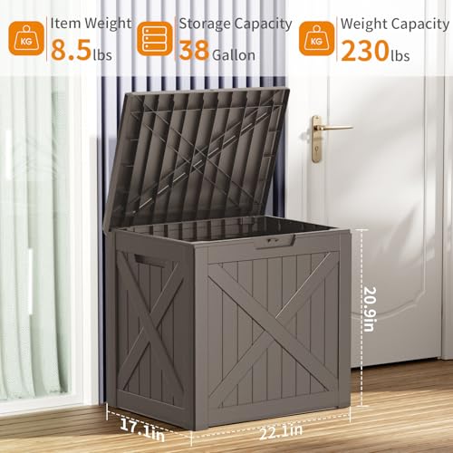 ROJIK Outdoor Storage Housing Deck Box - Waterproof Patio Furniture, Garden Tools, Cushions, Pool Accessories Storage Bench with Lockable Lid and Side Handles (Grey 38 Gal) - color: Grey, size: 38 Gallon