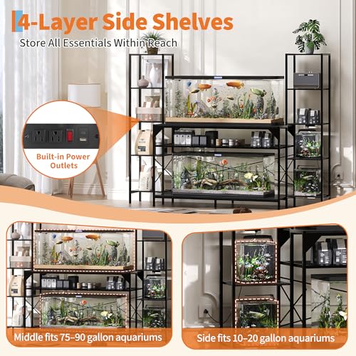 Garvee 20-90 Gallon Fish Tank Stand ,Aquarium Stand with Power Outlet,Heavy-Duty Reptile Terrarium Stands with 12-Leg Support and 4-Tier Storage Shelves,Fish Tank Table Aquarium Table,Load 860lbs - color: Black
