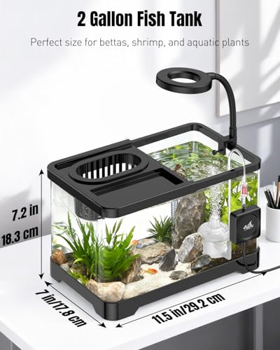 Pawfly 2 Gallon Fish Tank, Ultra Clear Aquarium Starter Kit with 6 W LED Aquarium Light, Mini Air Pump, Filter, Siphon Vacuum Water Changer & Basket, Small Fish Tank for Betta - color: Black-02