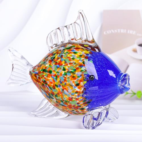 Colorful Blown Glass Fish Figurine – Blue Art Animal Sculpture for Ocean Coastal Home Decor, Handcrafted Glass Fish Ornament for Tabletop, Shelf, or Aquarium Theme Display (G)