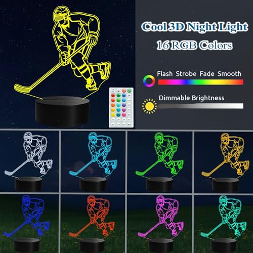 Hockey Night Light, Ice Hockey Gifts, 3D Illusion Lamp with Remote Control, 16 RGB Colors, 4 Flashing Modes, Timer, Dimmable, Kids Room Hockey Decoration Gifts for Holiday Birthday Christmas - color: Color 3