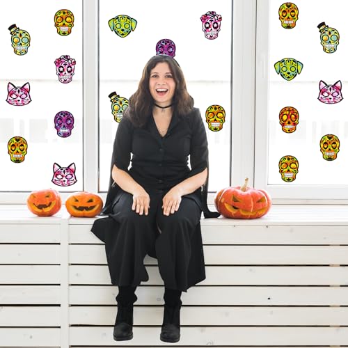 Renbuzhu 36PCS Dia De Los Muertos Crafts Bulk: Sugar Skull Paper Suncatchers DIY Kit for Day of The Dead Halloween Party Activities Decorations, Window Stained Glass Effect Art Supplies - style: dia de los muertos