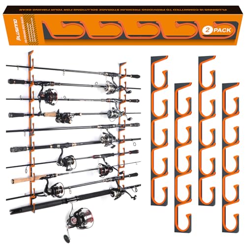 PLUSINNO H5 Horizontal Fishing Rod/Pole Holders for Garage, Wall Ceiling Mounted Fishing Rod Holder, Aviation Aluminum Fishing rod rack Holds up to 5/10/20 Rod or Combos Fishing Gear and Gifts for Men - color: Orange 2pack(store 10 fishing rods or combos)