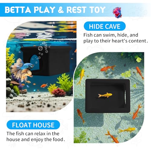 Floating Betta Fish Hammock Cave House for Aquarium, 3D Printed Betta Shrimp Feeder & Hideout Cave Toys, Small Aquarium Feeding Ring Decor, Turtle Fish Tank Decorations Accessories -Black - color: Dark Black