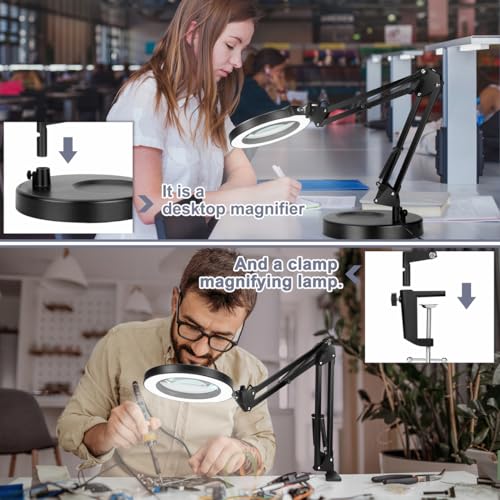 12X Magnifying Glass with Light, Krstlv Upgrade Button 5 Color Modes Stepless Dimmable 2-in-1 LED Lighted Desk Lamp & Clamp, Hands Free Magnifier with Light and Stand for Craft Hobby Repair Close Work - color: Black, size: 12X 17.8inch Base & Clamp