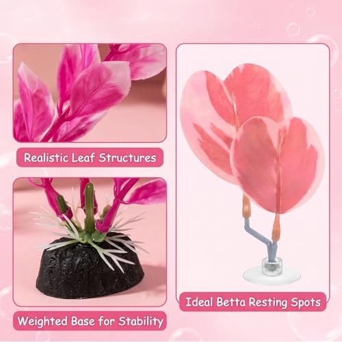 Pink Aquarium Decor, Betta Fish Resting Spot and Feeding Ring for Fish Tank, Small Fish Tank Decor with 4 Pieces of Pink Betta Hammock Plants, 4 Inch Height for Aquarium Decoration