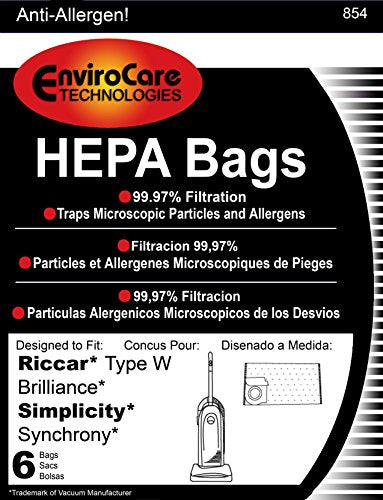 Envirocare Replacement HEPA Filtration Vacuum Cleaner Dust Bags made to fit Riccar Type W Brilliance and Simplicity Synchrony Vacuum Cleaners 6 pack