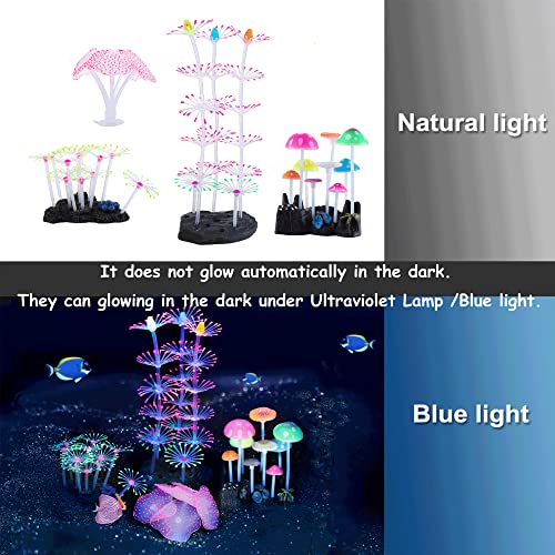 4 Pack Glow Aquarium Decorations Coral Reef Glowing Mushroom Anemone Simulation Glow Plant Glowing Effect Silicone for Fish Tank Decorations - color: 4 Pcs(coral Reef+branch Coral+mushroom+anemone)