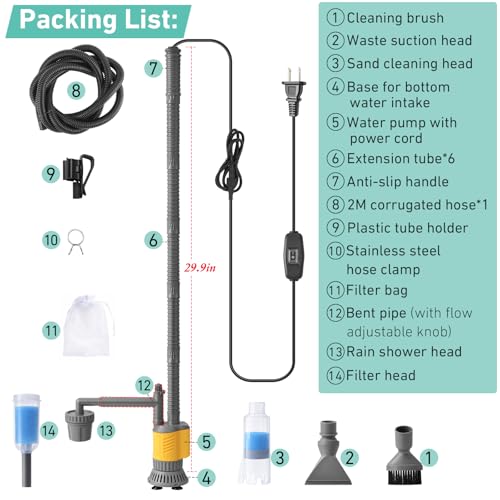 Dirvin Aquarium Vacuum Gravel Cleaner, 8 in 1 Removable 20W Fish Tank Cleaner Gravel Vacuum for Aquarium, Strong Suction for Change Water Wash Sand Clean Algae Water Circulation