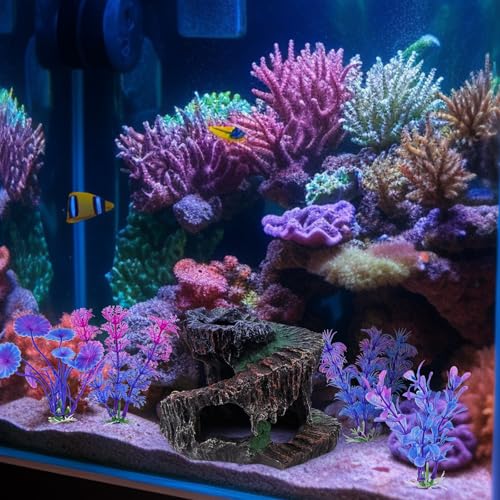 Aquarium Fish Tank Decorations, Montain Ornaments Accessories Decor for Small Aquarium, Spiral Staircase x 1pc, Aquatic Plants x 4pcs