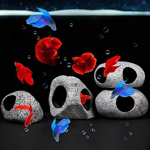 Cunhill 6 Pieces Aquarium Decoration Rock Caves Stackable Ceramic Fish Tank Hideout Cave Stone Ornaments Hideaway for Betta Shrimp Cichlid Hiding Breeding Spawning Decor