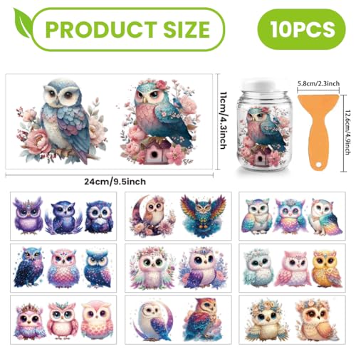 arricraft 10 Sheets UV DTF Cup Wrap for 16OZ Glass, Cute Shiny Owl Rub on Decals PVC Transfer Stickers for DIY Cups Wood Funiture 24x11cm/9.4x4.3inch - style: Cute Shiny Owl Theme