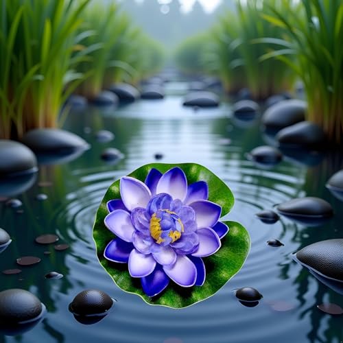 Artificial Floating Foam Lotus Flower with Water Lily Pad,Lifelike Pond Pool Lotus Ornaments,Realistic Ornament for Home Garden Pond Aquarium Decor，Artificial Plants and Flowers (Blue) - color: Blue