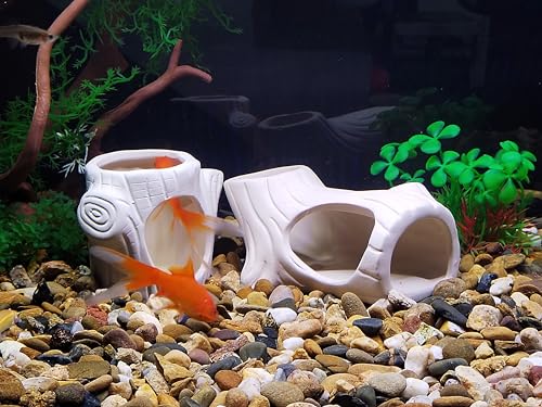 2Pack Aquarium Decor Rock Cave and Plastic Plant Betta Fish Tank Accessories for Fish Shrimp Turtle Crab Hiding Breeding Playing Ceramic Hideout Stone for Fish Bowl