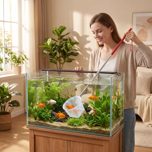 Tyqour Fish Tank Net Small Extendable Aquarium Net with Long Handle Aquarium Fish Net, Surface Skimmer Aquarium Minnow Net for Fish Shrimp Tank, Small Ponds, Creek