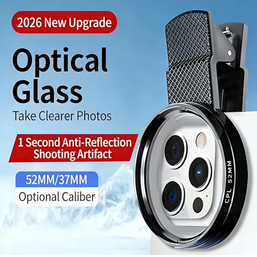 37mm Clip-On CPL Filter Circular Polarizing Lens Kit to Eliminate Glare & Boost Color, Optical Multi-Coated Glass with Universal Clip for Mobile Photography for Android Phone iPhone 6 7 8 9 10 11 12