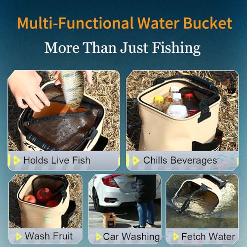 Collapsible Fishing Bucket 3.7 Gallon/14L - Portable Folding Live Bait Bucket with Aerator Pocket, Rope & Net for Live Fish & Shrimp, Kayak, Camping, Hiking - size: 3.7 Gallon (14L)