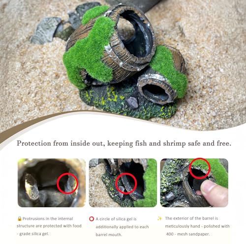 Moss-Covered Twin Broken Barrels Aquarium Decor – Resin Fish Tank Hideout with Artificial Moss for Betta, Shrimp & Small Fish