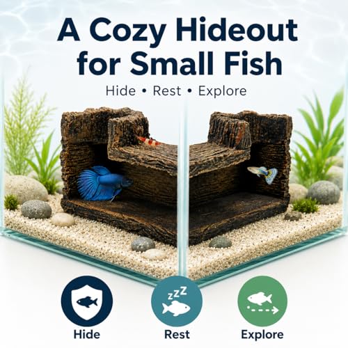 Aquarium Corner Hide Cave – Safe Resin Fish Shelter for Stress Reduction, BPA-Free Tank Decoration, 5.1”x2.7”x1.7” Ideal for Betta, Shrimp & Small Tropical Fish